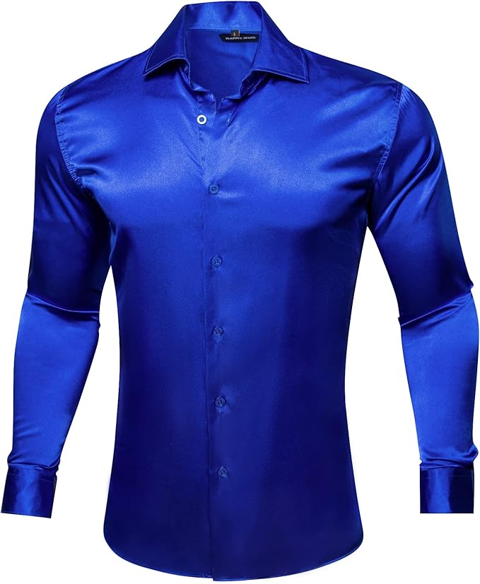 男式丝绸礼服衬衫弹力纯色长袖防皱衬衫常规版型纽扣适合舞会婚礼